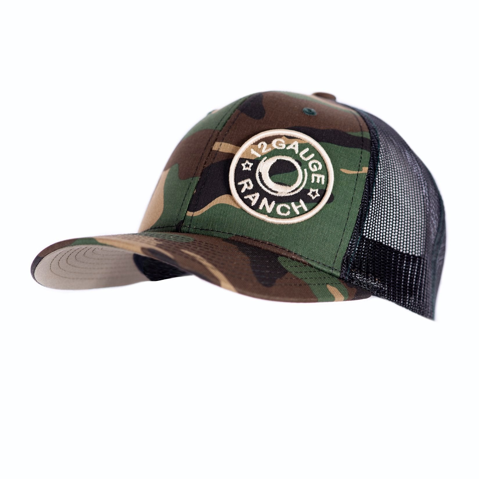 Camo and Black 12 Gauge Bullet Logo Trucker Baseball Cap